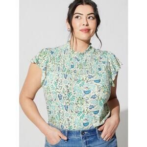 Torrid Green + Blue Floral Print Short Sleeve Smocked Mock Neck Top - 3X - NWT